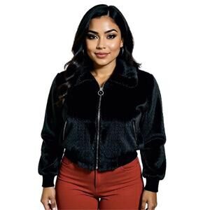 Faux Fur Black warm Jacket Money Feminine  Sweet Rain Sz L Zip Up Puffy